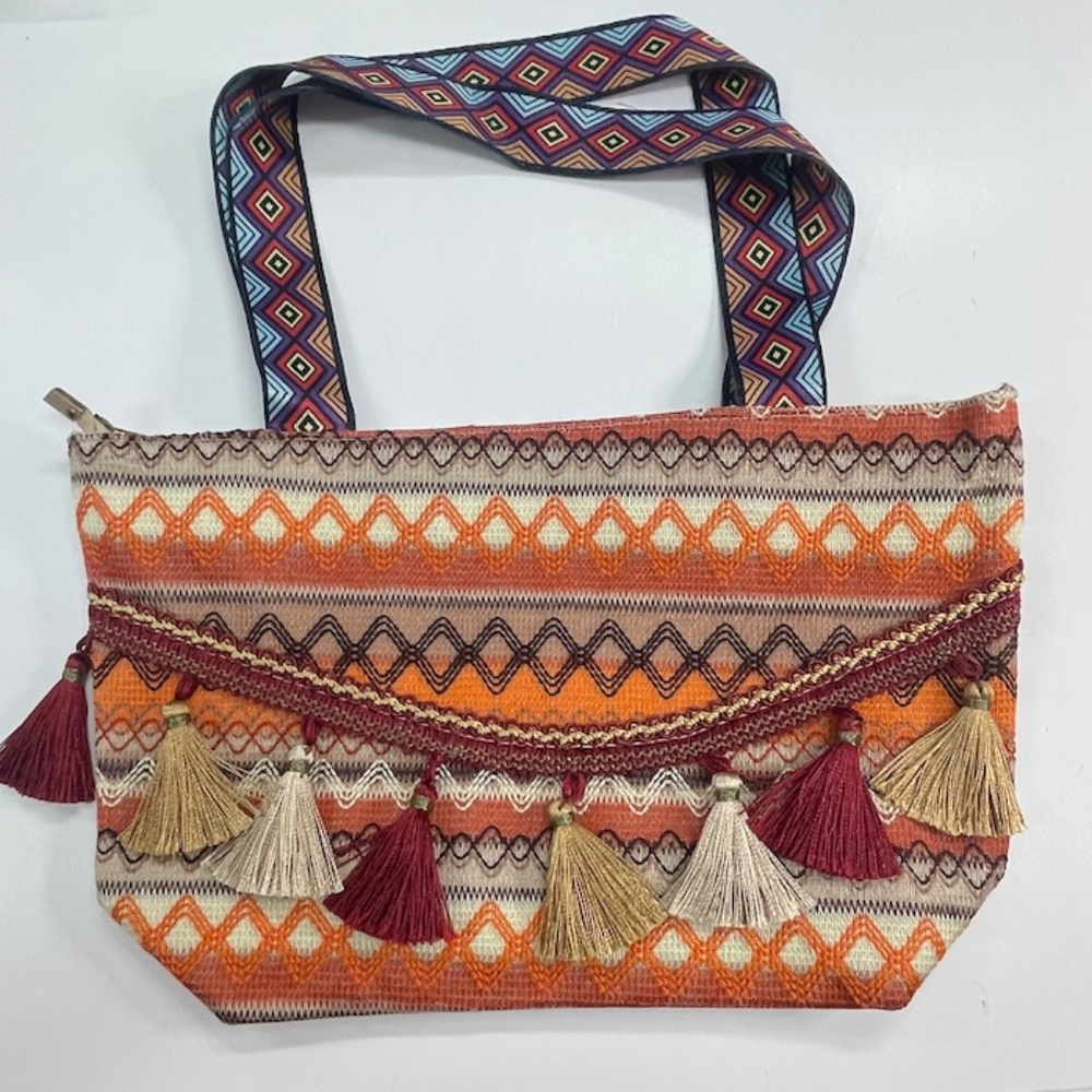 Oranges and Browns Embroidered Tassel Boho Tote Bag Double Straps